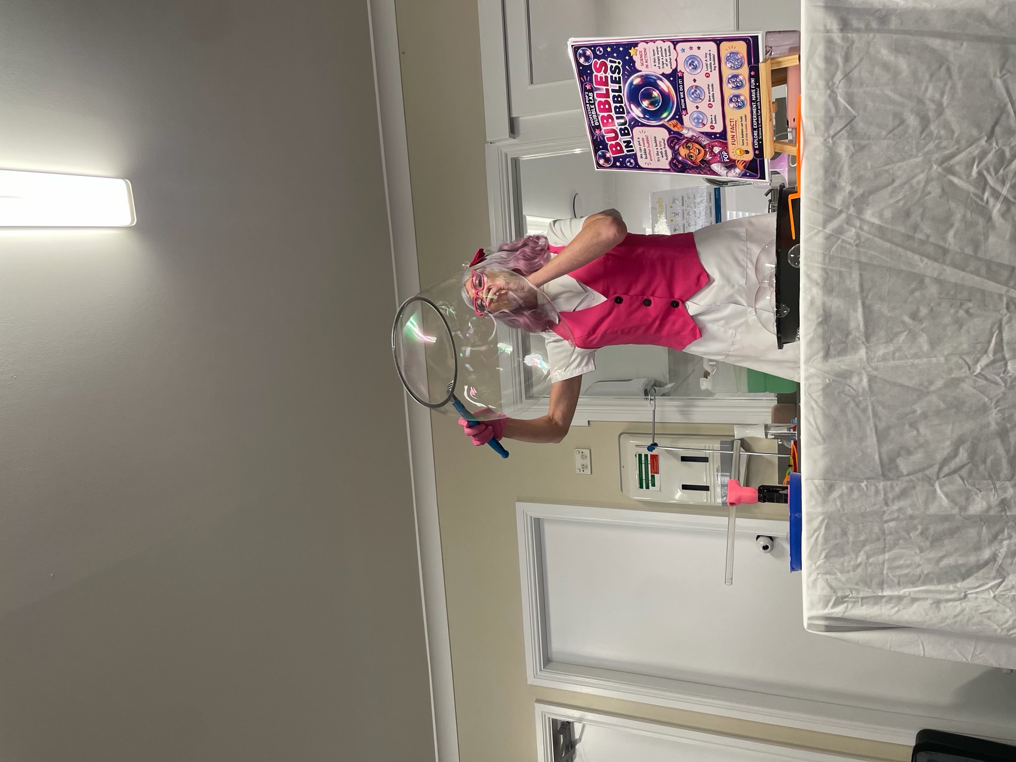 Professor Pop demonstrating a bubble science experiment at Lakeview Preschool